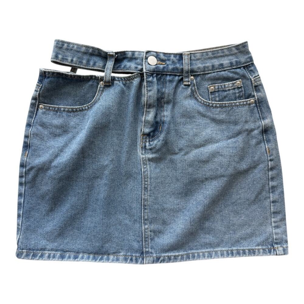 Commense 100% Cotton Denim Blue Mini Skirt With Top Slit/Cut Out Size Medium